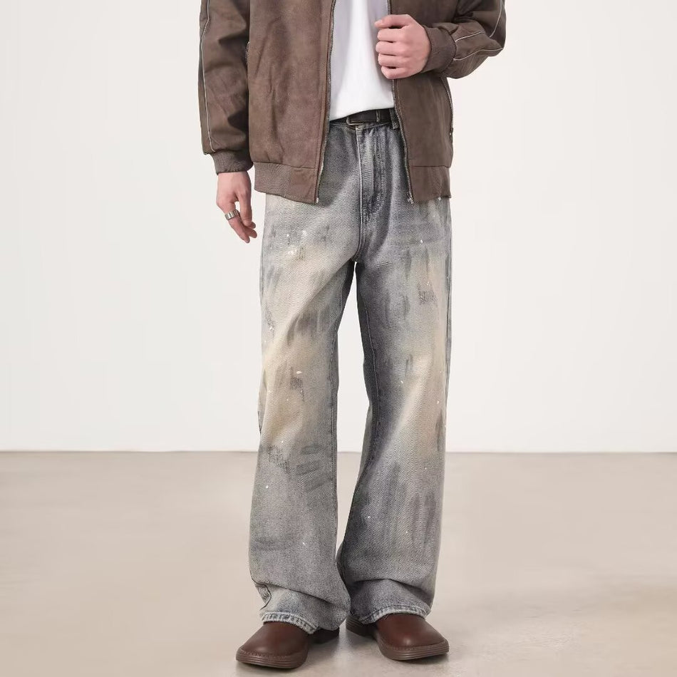 Vintage Ink-Splatter Distressed Pleated Wide-Leg Cargo Jeans