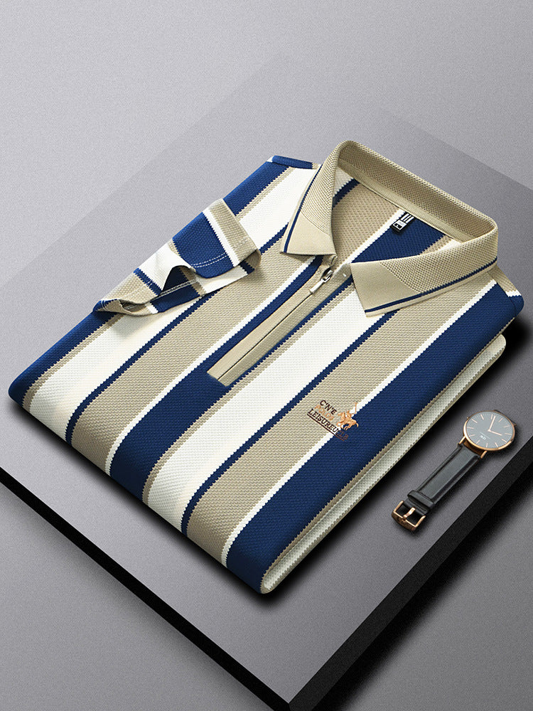 : Men's Striped Embroidered Short-Sleeve Zip-Up Shirt Business