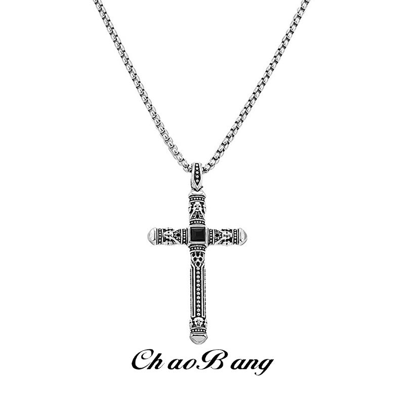 Vintage Cross Pendant Necklace for Men, Retro Chain Jewelry