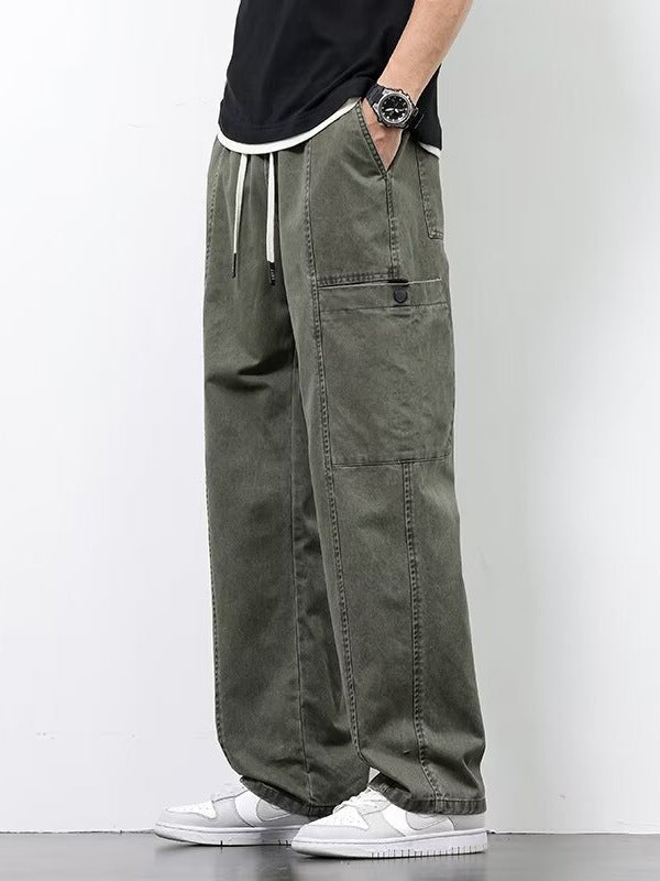 Wide-Leg Washed Casual Pants with Multiple Pockets for Men