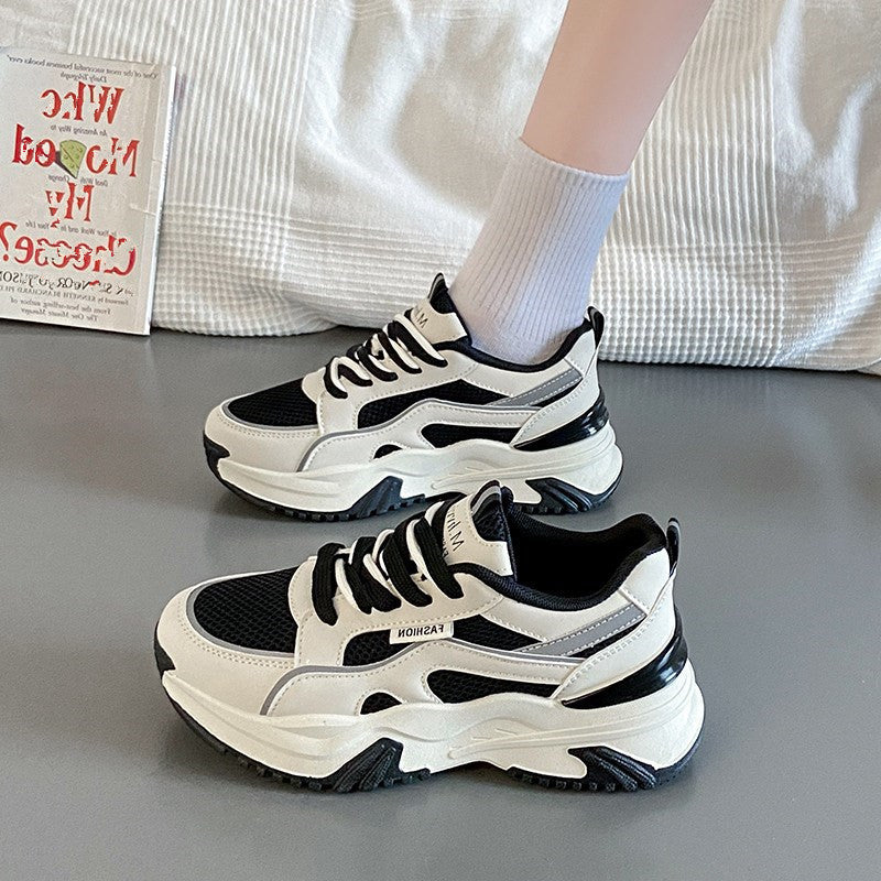 Women’s PU Mesh Dad Shoes with Muffin Heel and Rubber Sole