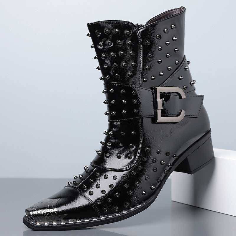 Women’s PU Rivet Boots with Chunky Heel and Side Zipper