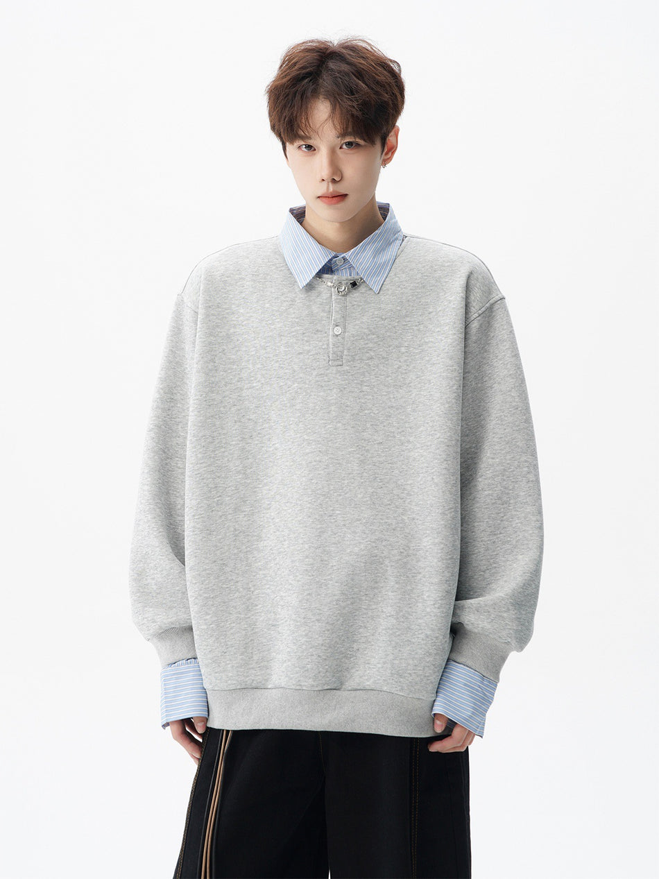 Men's Loose Fake Two Piece Turn Down Collar Sweatshirt