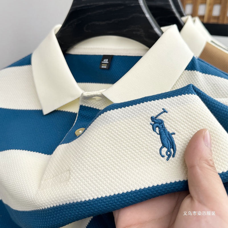 Men's Fitted Striped Short Sleeve Henley Polo Shirt
