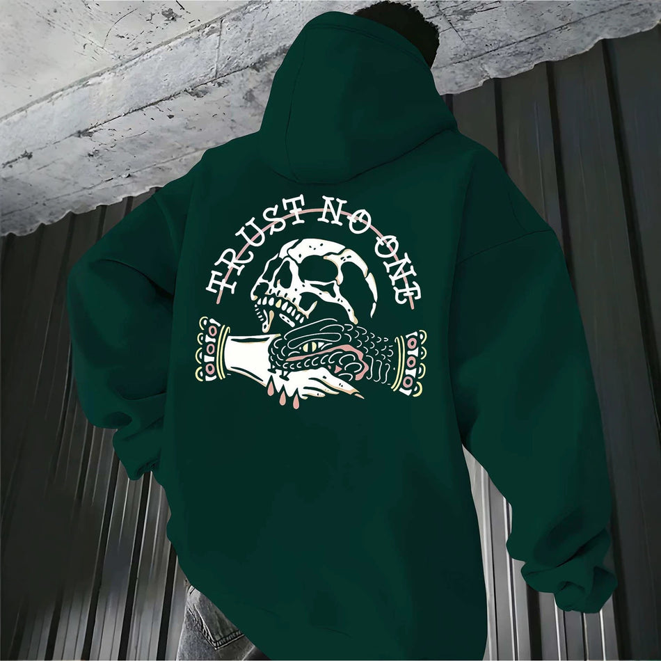 Men's Skull and Snake Print Fleece Hoodie with Loose Fit