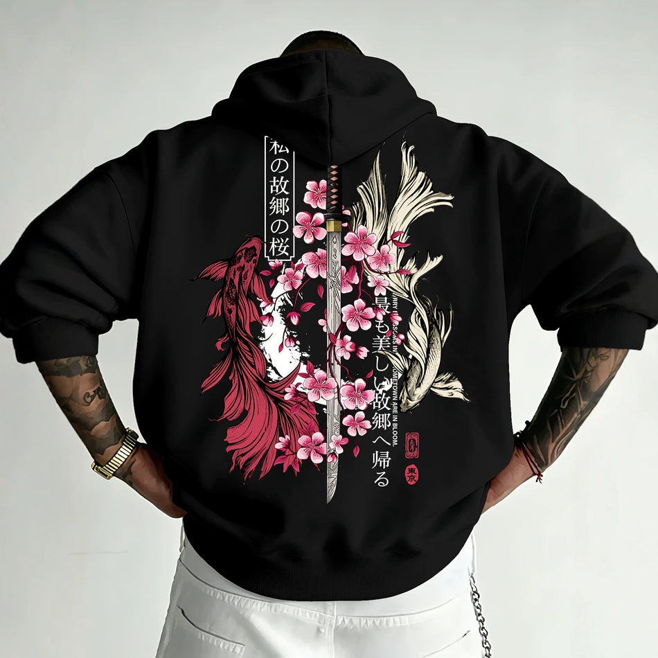 Men's Japanese Koi Fish and Cherry Blossom Print Hoodie