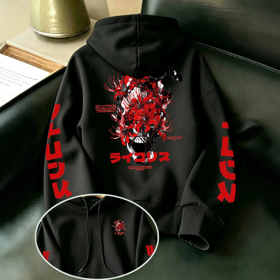 Men's Halloween Spider Lily Skull Print Fleece Hoodie