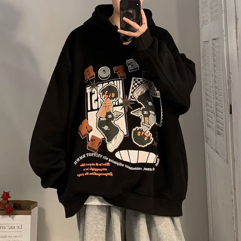 Men's Korean Style V-Neck Printed Fleece Pullover  Hoodie