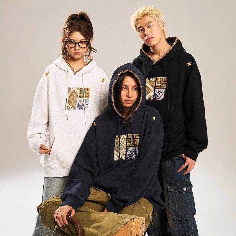 Men's Embroidered Warm Totem V-Neck Hooded Winter Hoodie