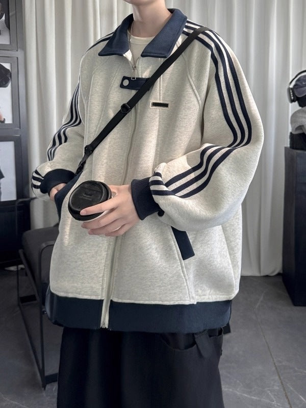Men's Striped Zip-Up Hoodie in Loose Fit with Extended Sizes