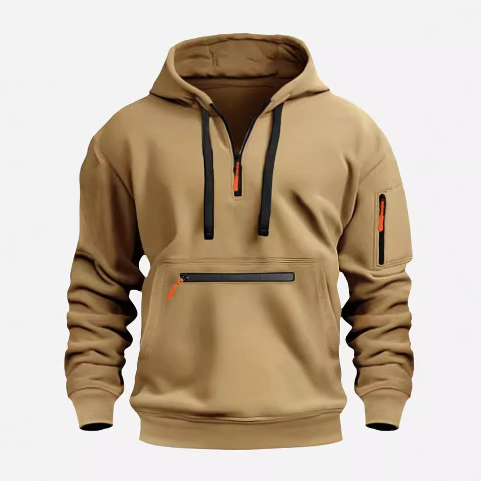 Men's Multi-Pocket Pullover Hoodie with Fleece Lining for Sports