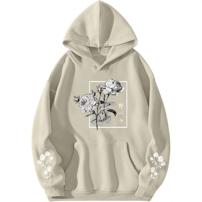 Men's Rose Print Pullover Hoodie with Fleece Lining in Loose Fit