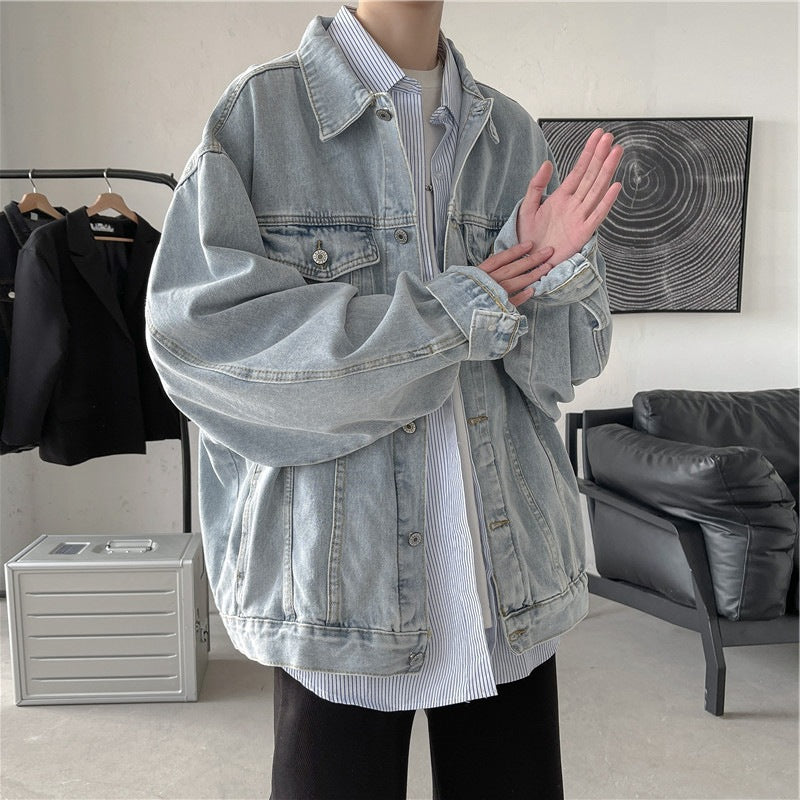 Men's Light Blue Denim Jacket with Lapel Collar in Loose Fit