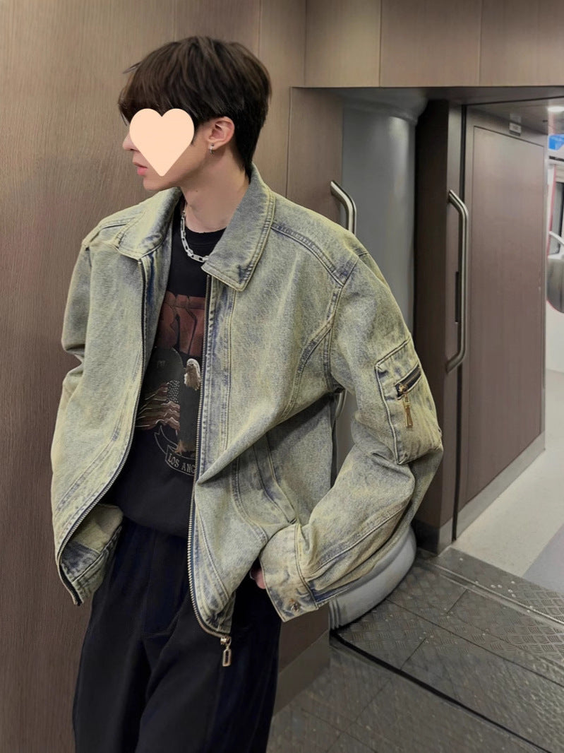 Men's Vintage Washed Denim Jacket with Turn-Down Collar in Blue