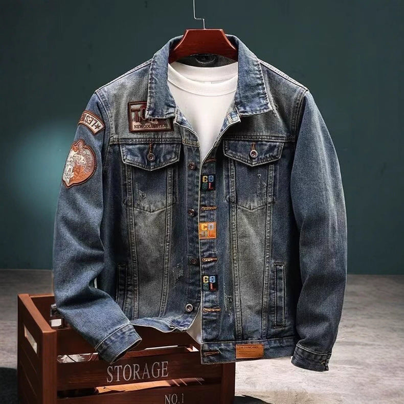 Men's Thickened Denim Jacket with Stand Collar and Zip Front