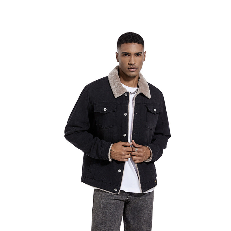 Men's Fleece-Lined Slim Fit Denim Jacket in Cotton for Autumn-Winter