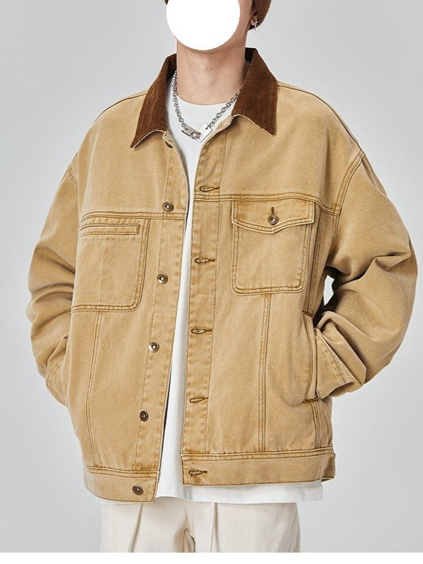 Men's Loose Color-Block Patchwork Denim Jacket in 100% Cotton