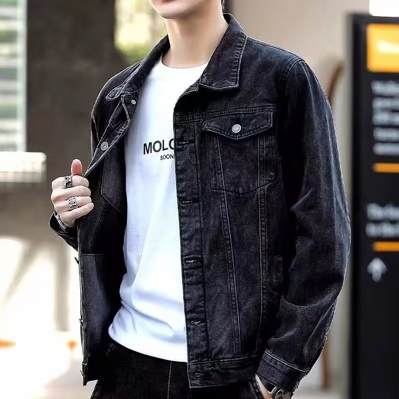 Men's Tear-Resistant Patchwork Denim Jacket with Lapel Collar