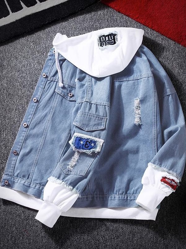 Men's Spliced Hooded Denim Jacket with Slim Fit and Side Pockets