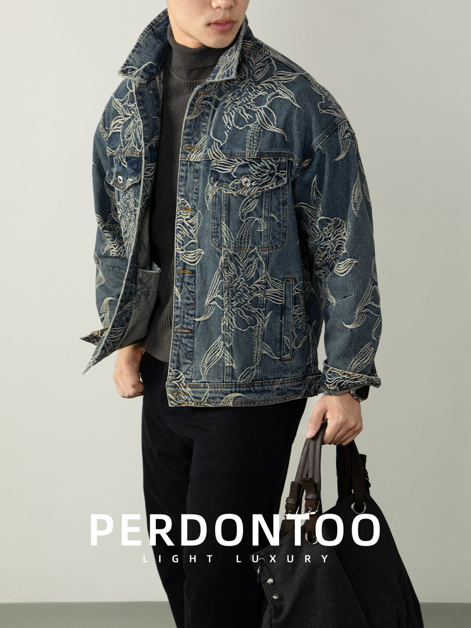 Men's Floral Jacquard Denim Jacket with Drop Shoulder Design