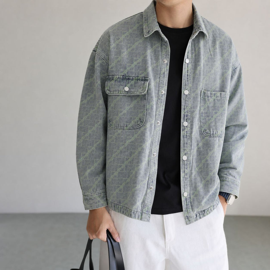 Men's Light Blue Denim Shirt Jacket in Cotton with Patch Pockets