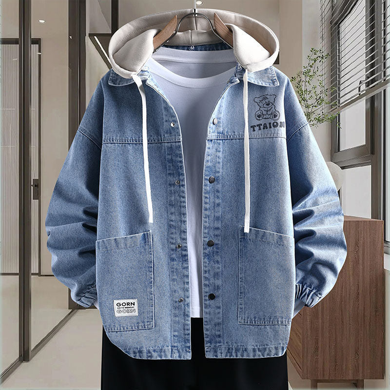 Men's Washed Hooded Denim Jacket in Loose Fit with Patch Pockets