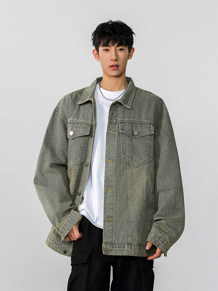 Men's Loose Zip-Up Denim Jacket with Lapel Collar for Spring