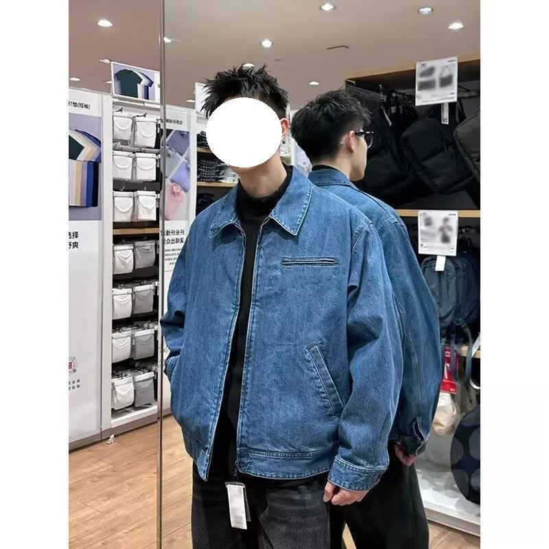 Men's Washed Zip-Up Denim Jacket with Metal Details for Spring