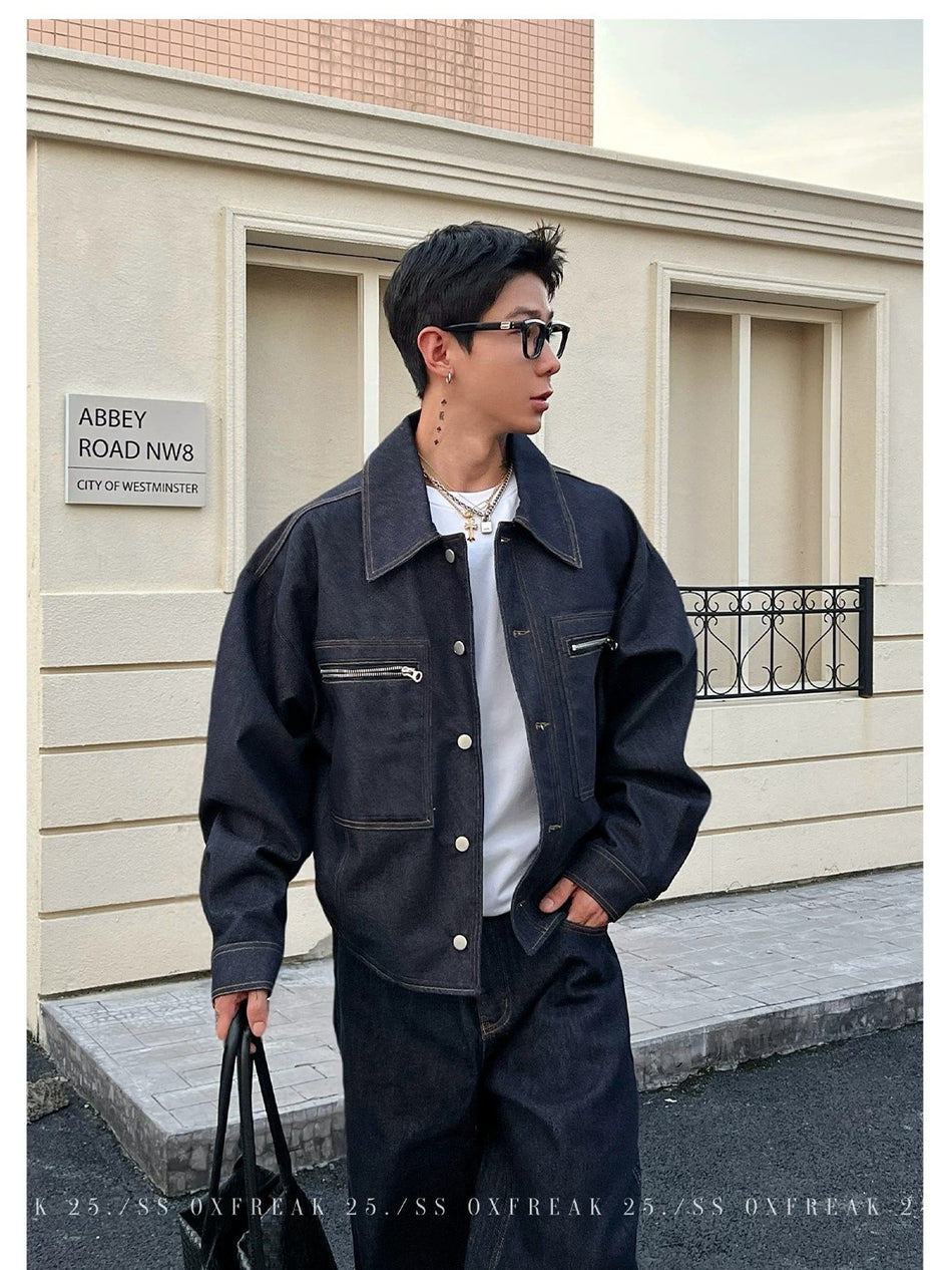 Men's Vintage Distressed Denim Jacket with Double Flap Pockets