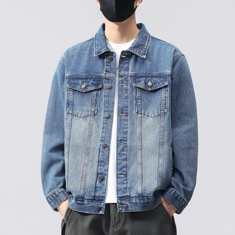 Men's Vintage Lapel Denim Jacket in 91% Cotton with Side Pockets