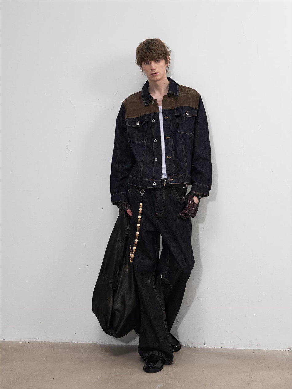 Men's Barn Style Denim Jacket in Black with Contrast Stitching