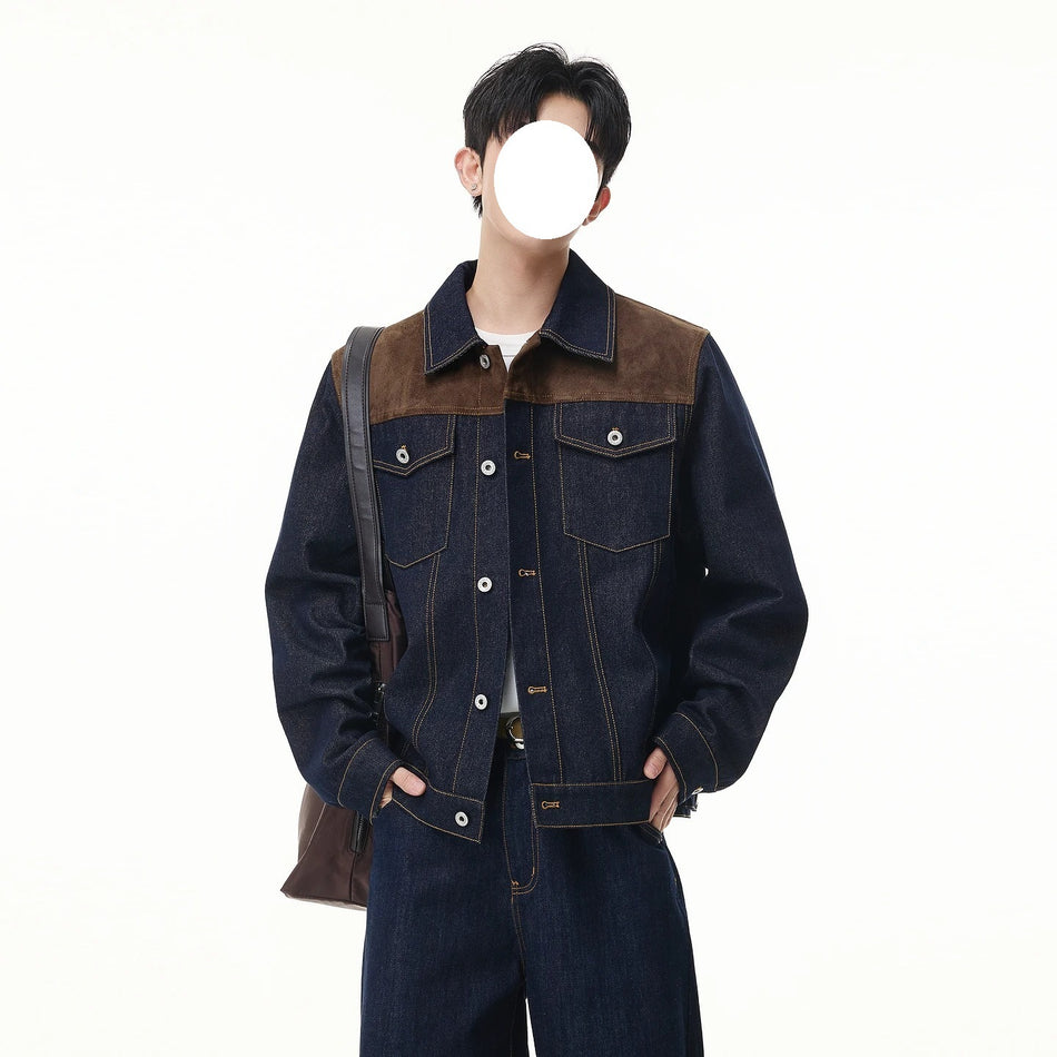 Men's Cotton Denim Jacket with Contrast Color and Patch Pockets