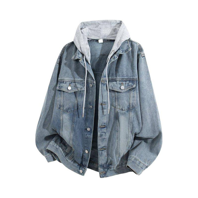 Men's Loose Layered-Look Hooded Denim Jacket with Contrast Hood