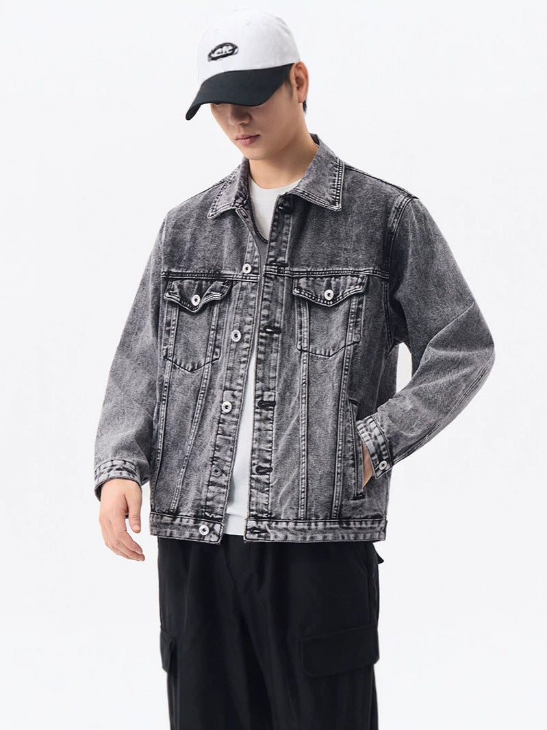 Men's Aged Wash Stand Collar Denim Jacket in Loose Workwear Cut