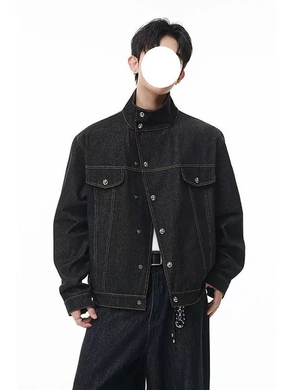 Men's Black Stand Collar Denim Jacket in 100% Cotton with Badge