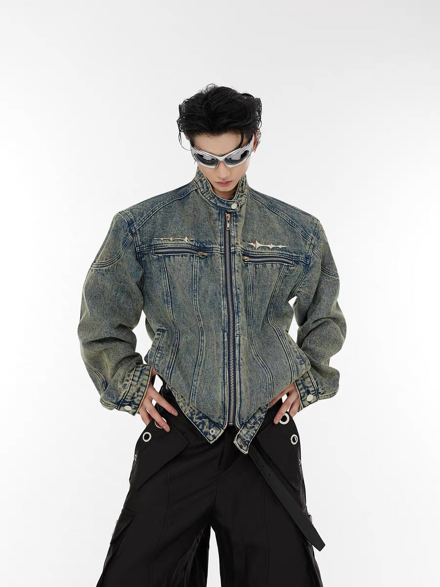 Men's Structured Shoulder Denim Jacket in Blue or Black with Zip