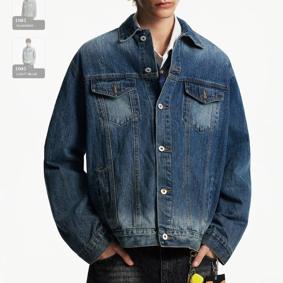 Men's Distressed Washed Hooded Denim Jacket in a Thin Loose Cut