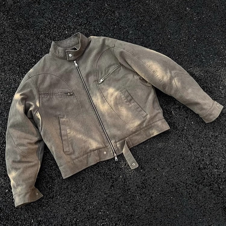 Men's Light Gray Washed Denim-Style Harrington Jacket with Zip