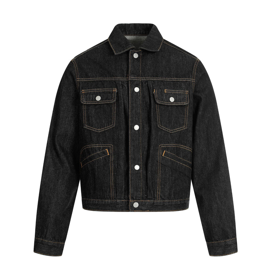 Men's Black Motorcycle-Inspired Denim Jacket with Topstitching
