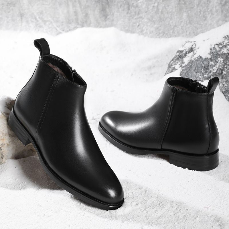 Men's Pointed Toe Side-Zip Leather Chelsea Boots with Wool Lining