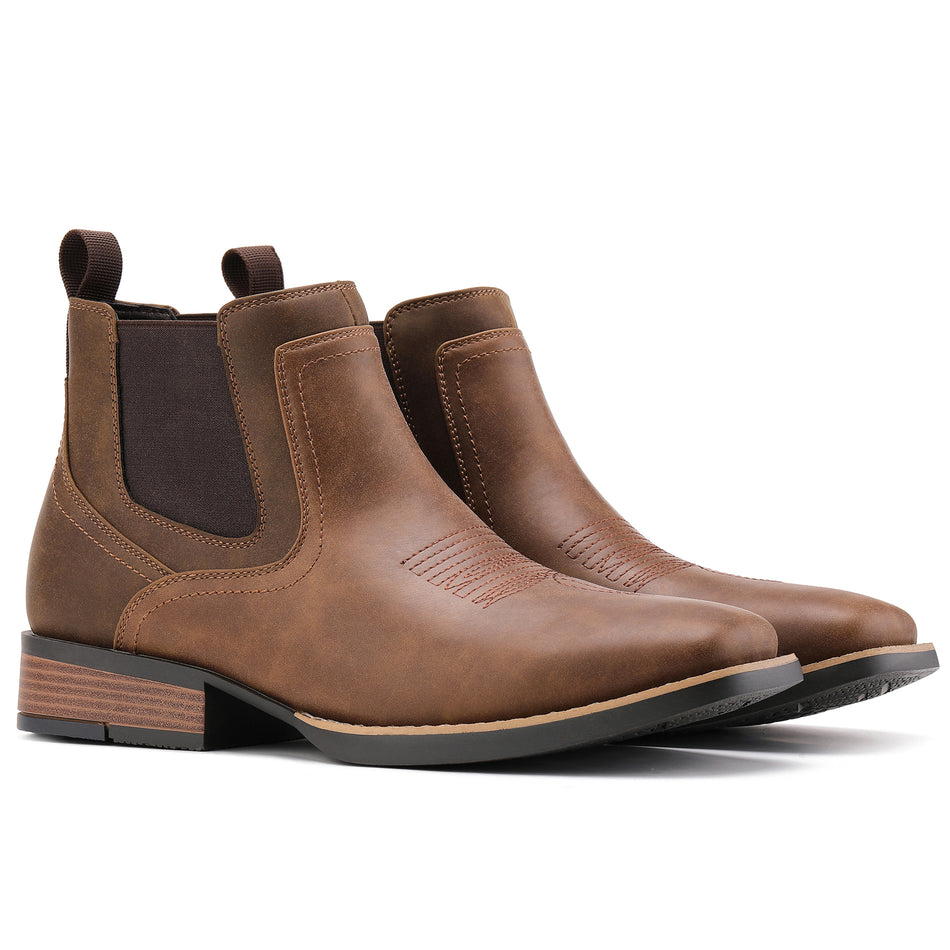 Men's Western Embroidered Chelsea Boots with Wide Square Toe