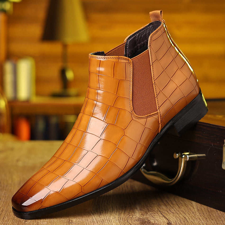 Men's Pointed Toe Chelsea Boots with Plaid Pattern in Six Colors