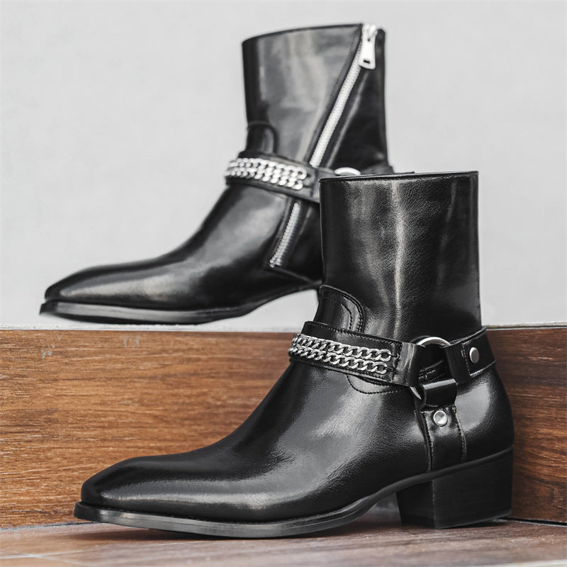 Men's Leather Side-Zip Chelsea Boots with Wedge Heel in Black