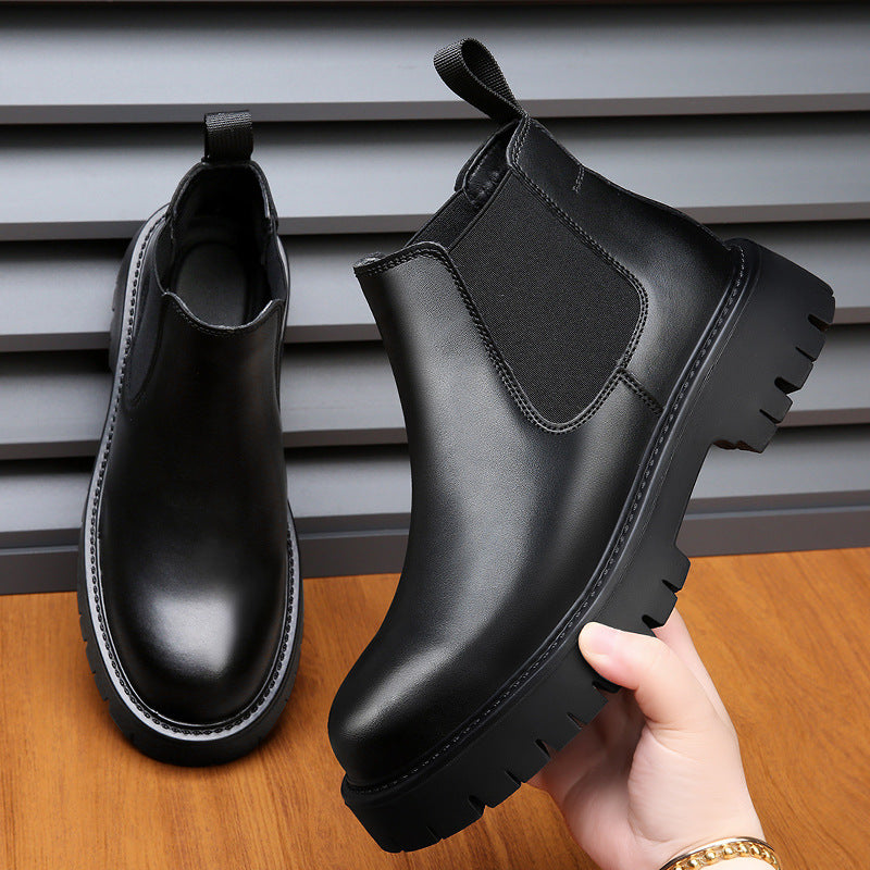 Men's Split Leather Chelsea Boots with Elastic Sides and Mid Heel