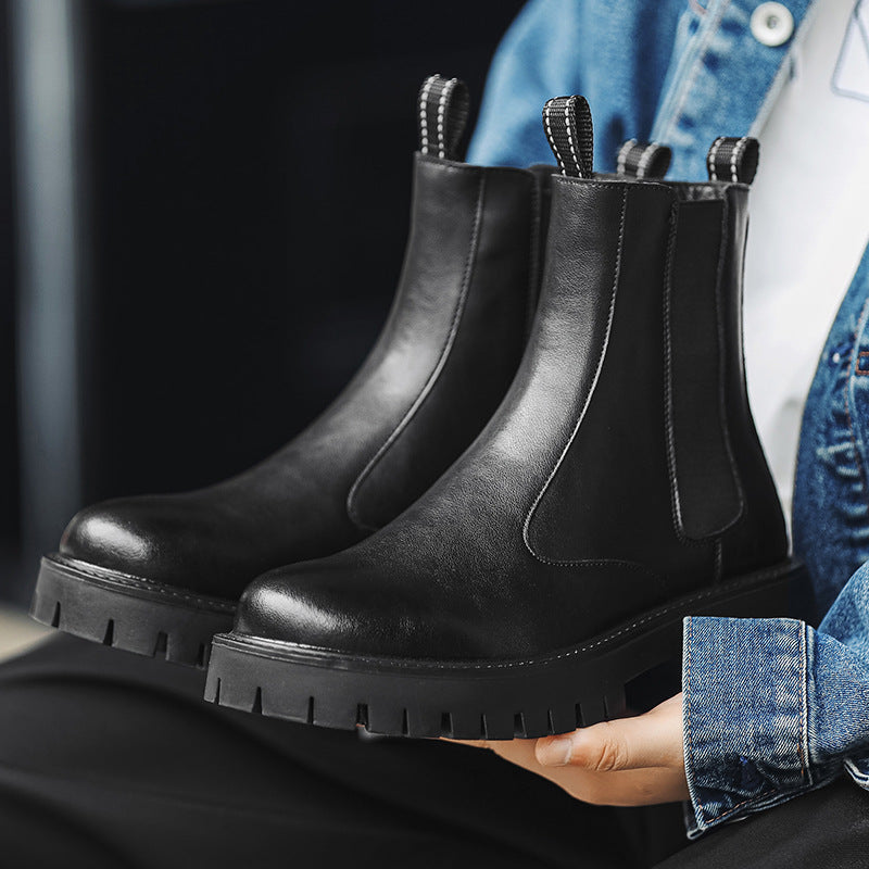 Men's Black Chunky Sole Chelsea Boots with Warm Fleece Option