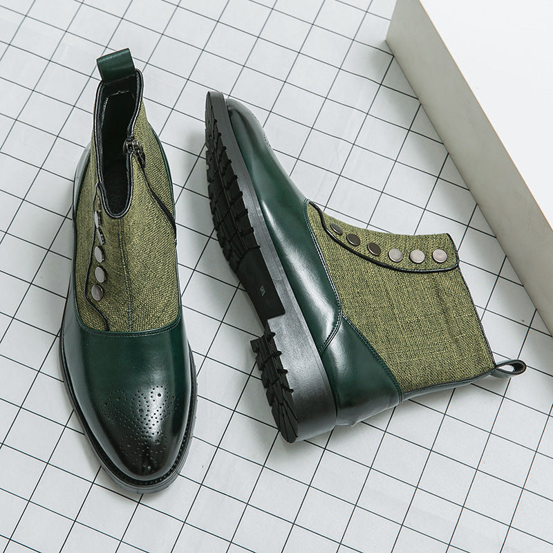 Men's Side-Zip Chelsea Boots with Fabric Patchwork for Autumn