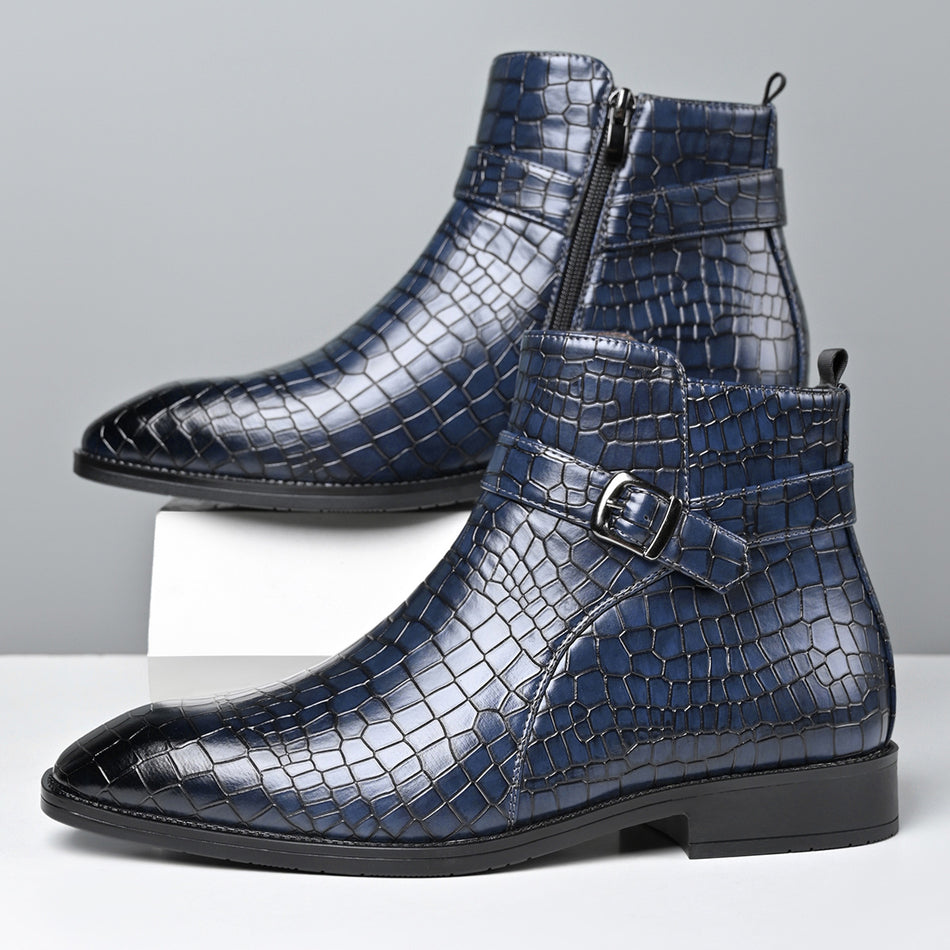 Men's Croc-Pattern Side-Zip Chelsea Boots with a Metal Buckle
