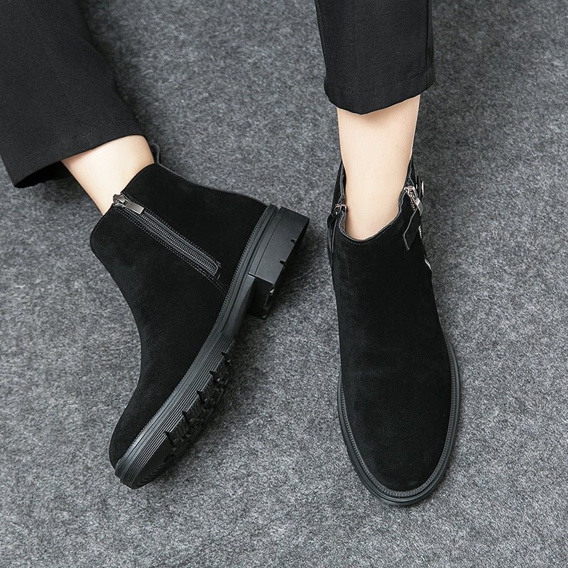 Men's Side-Zip Nubuck Leather Chelsea Boots with Thick Flat Sole