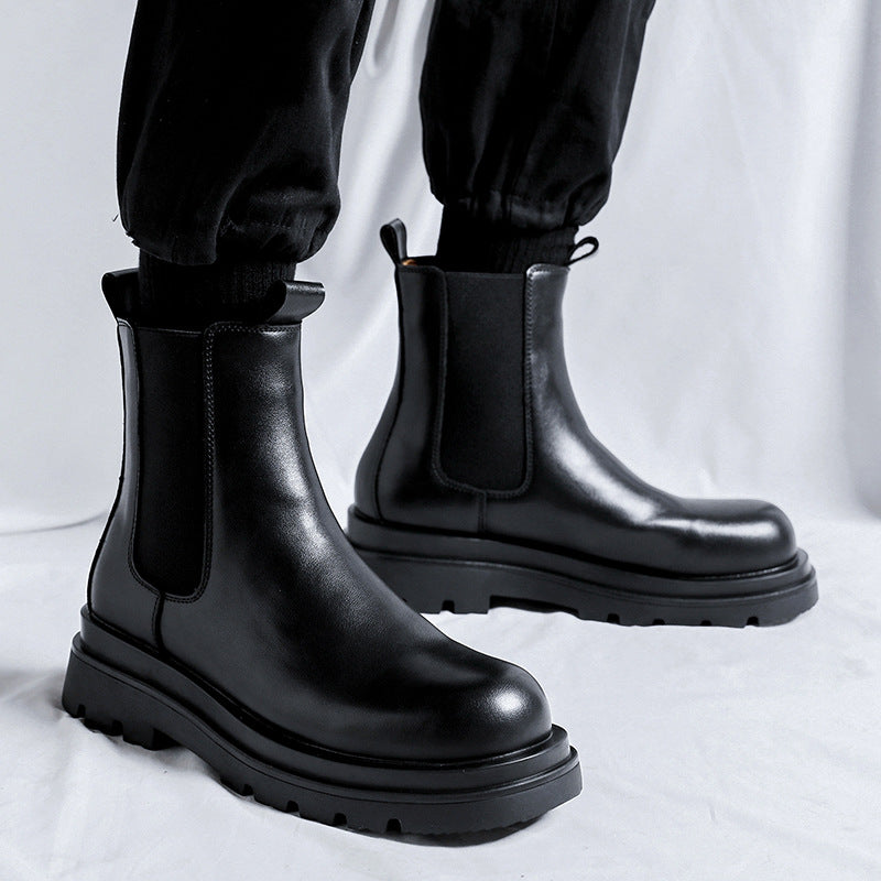 Men's Black Split Leather Chelsea Boots with Motorcycle Styling