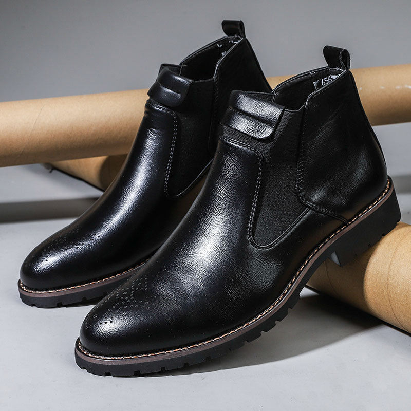 Men's Carved Brogue-Style Chelsea Boots with a Low Flat Heel